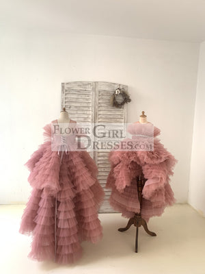 Hi Low Pleated Tulle Wedding Flower Girl Dress Kids Birthday Party Ball Gown Dress