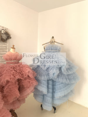 Hi Low Pleated Tulle Wedding Flower Girl Dress Kids Birthday Party Ball Gown Dress