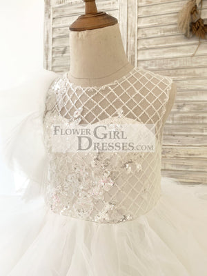 Ivory Check Tulle Ruffle Sleeves Wedding Party Flower Girl Dress Kids Birthday Dress