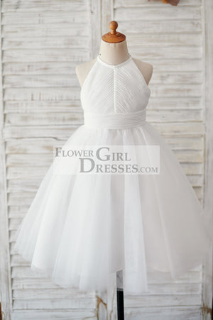 Ivory Chiffon Tulle Halter Neck Keyhole Back Wedding Flower Girl Dress