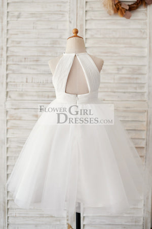 Ivory Chiffon Tulle Halter Neck Keyhole Back Wedding Flower Girl Dress