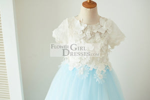 Ivory Lace Blue Tulle Short Sleeves Wedding Flower Girl Dress Full Length Party Dress with Butterfly