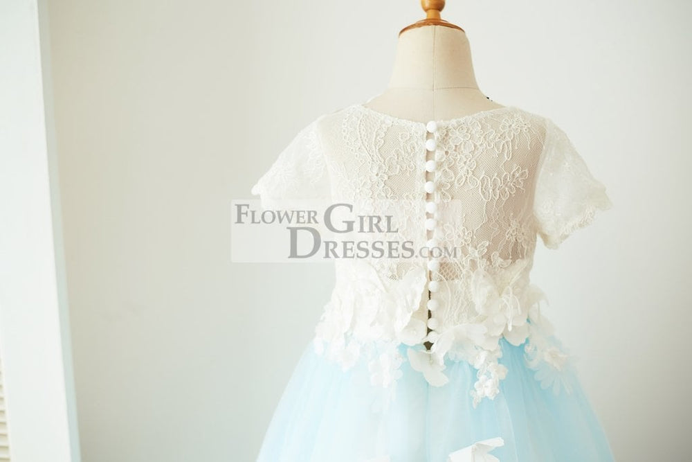 Ivory Lace Blue Tulle Short Sleeves Wedding Flower Girl Dress Full Length Party Dress with Butterfly