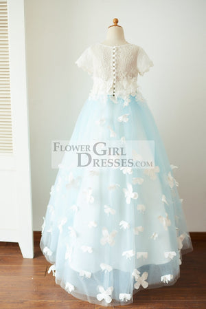 Ivory Lace Blue Tulle Short Sleeves Wedding Flower Girl Dress Full Length Party Dress with Butterfly