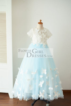 Ivory Lace Blue Tulle Short Sleeves Wedding Flower Girl Dress Full Length Party Dress with Butterfly