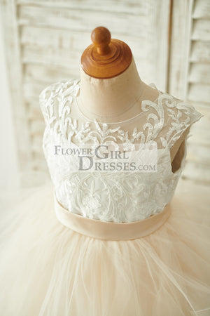 Ivory Lace Champagne Tulle Floor Length Wedding Flower Girl Dress