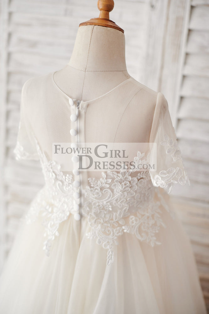 Ivory Lace Champagne Tulle Short Sleeves Wedding Flower Girl Dress