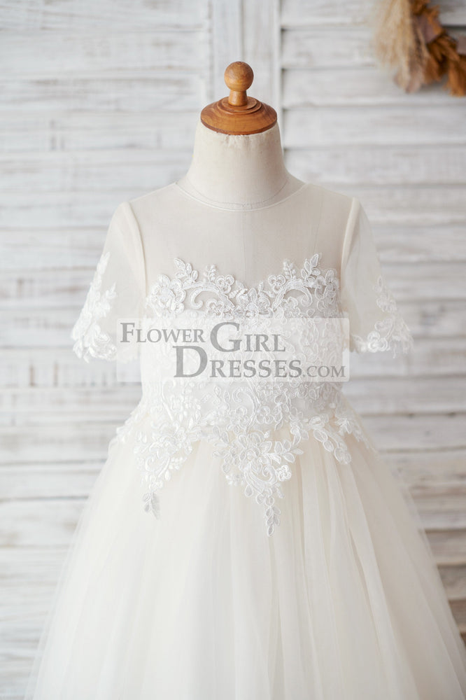 Ivory Lace Champagne Tulle Short Sleeves Wedding Flower Girl Dress