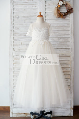 Ivory Lace Champagne Tulle Short Sleeves Wedding Flower Girl Dress