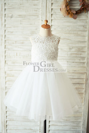 Ivory Lace Champagne Tulle Wedding Flower Girl Dress with Keyhole Back - 1T / Ivory