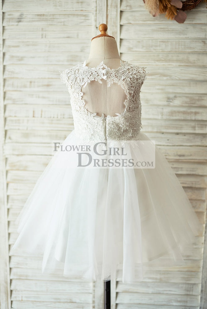 Ivory Lace Champagne Tulle Wedding Flower Girl Dress with Keyhole Back