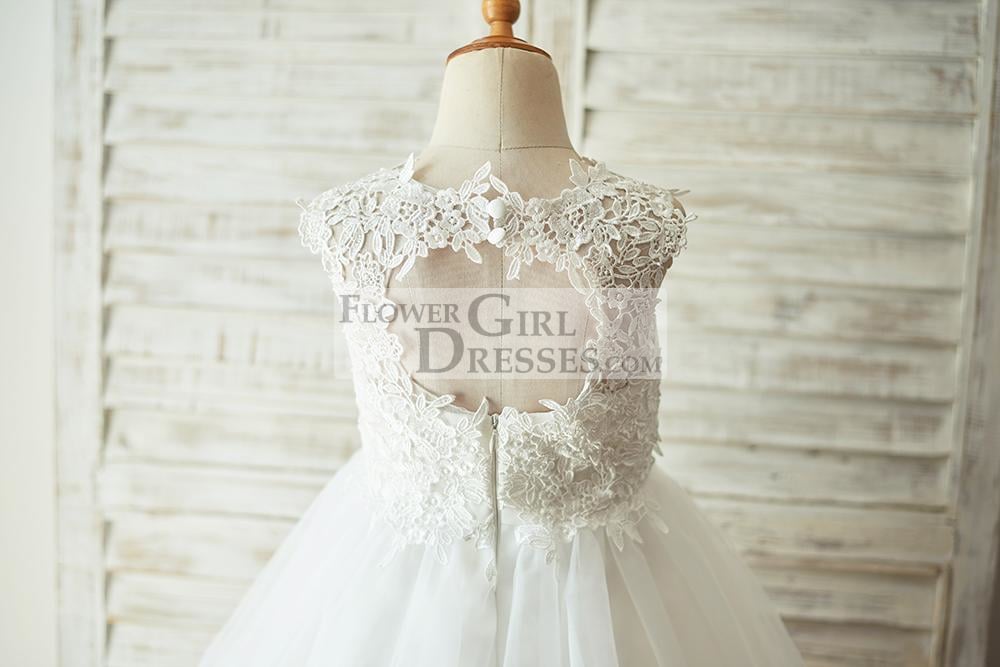 Ivory Lace Champagne Tulle Wedding Flower Girl Dress with Keyhole Back