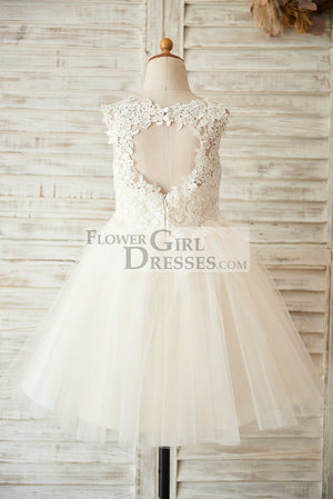 Ivory Lace Champagne Tulle Wedding Flower Girl Dress with Keyhole Back