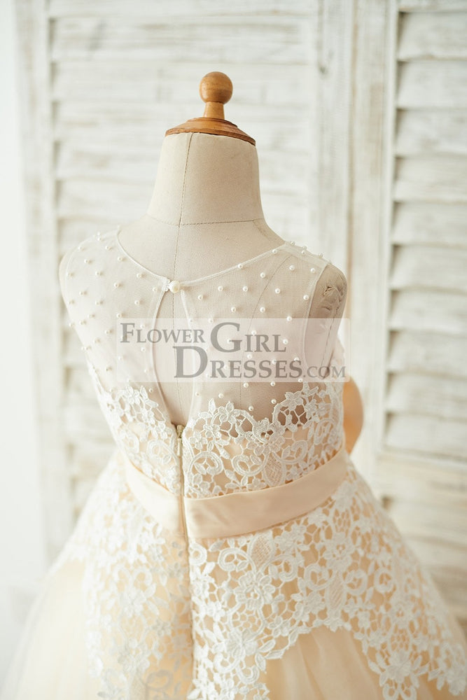 Ivory Lace Champagne Tulle Wedding Party Flower Girl Dress with Pearls