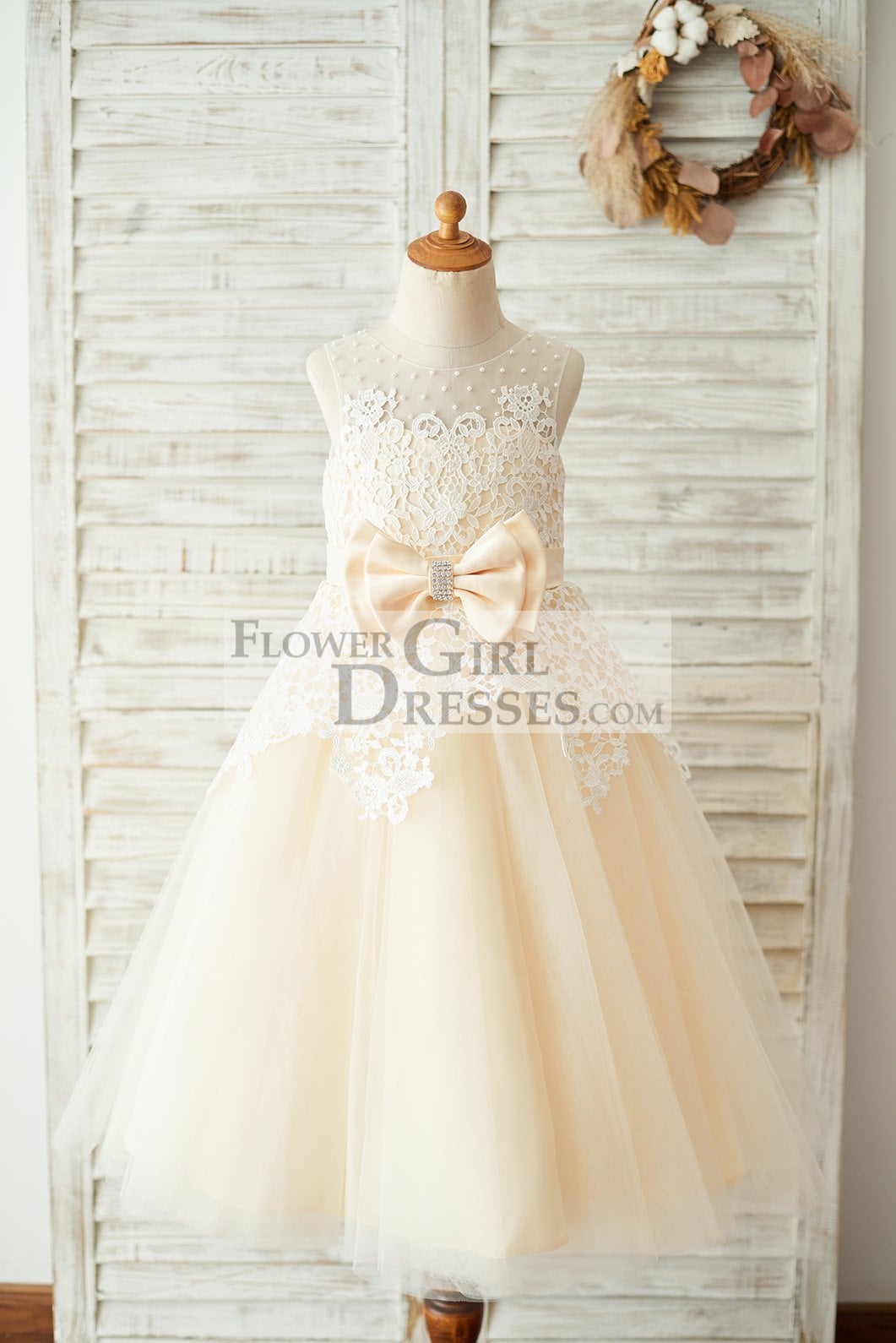 Ivory Lace Champagne Tulle Wedding Party Flower Girl Dress Pearls