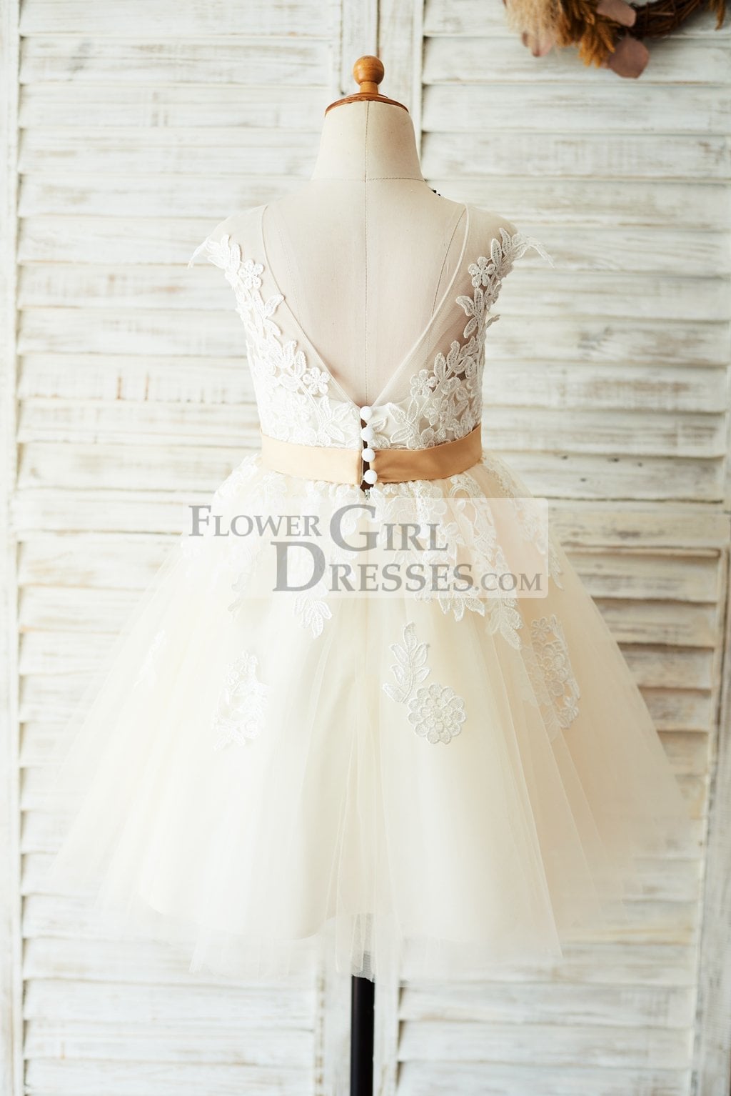 Ivory Lace Champagne Tulle V Back Wedding Party Flower Girl Dress