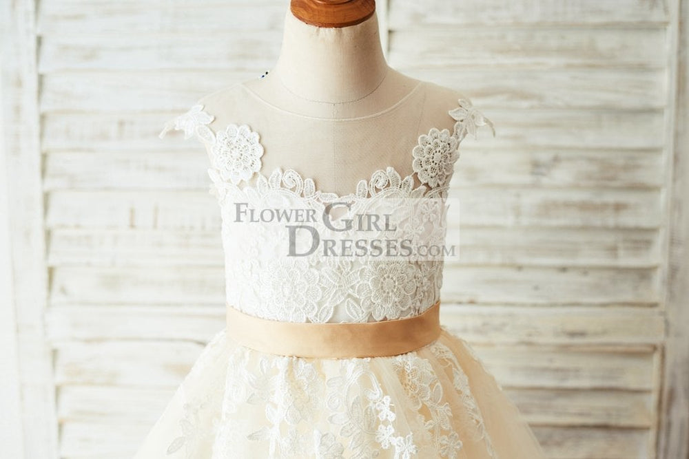 Ivory Lace Champagne Tulle Wedding Party Flower Girl Dress with V Back