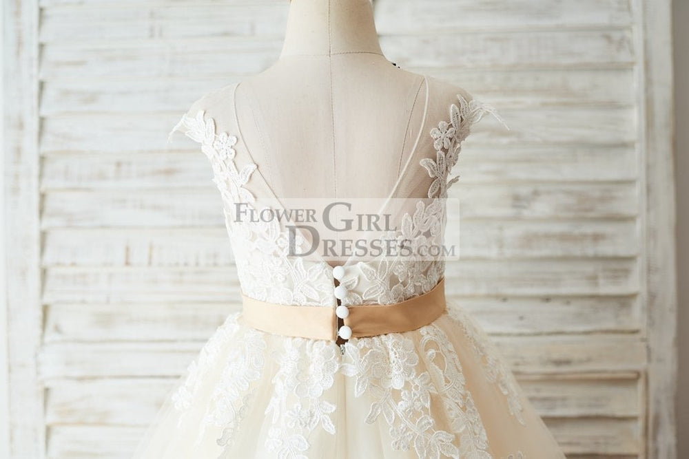 Ivory Lace Champagne Tulle Wedding Party Flower Girl Dress with V Back