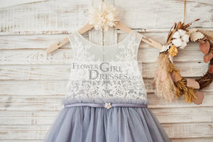 Ivory Lace Gray Tulle Sheer Back Wedding Flower Girl Dress with Belt