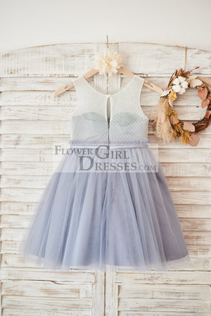 Ivory Lace Gray Tulle Sheer Back Wedding Flower Girl Dress with Belt