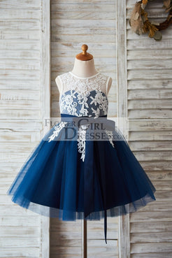 Princess Ivory Lace Navy Blue Tulle V Back Wedding Flower Girl Dress ...