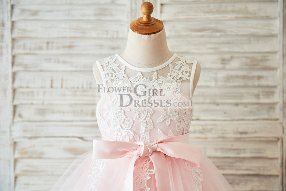 Ivory Lace Pink Tulle Wedding Flower Girl Dress with V Back