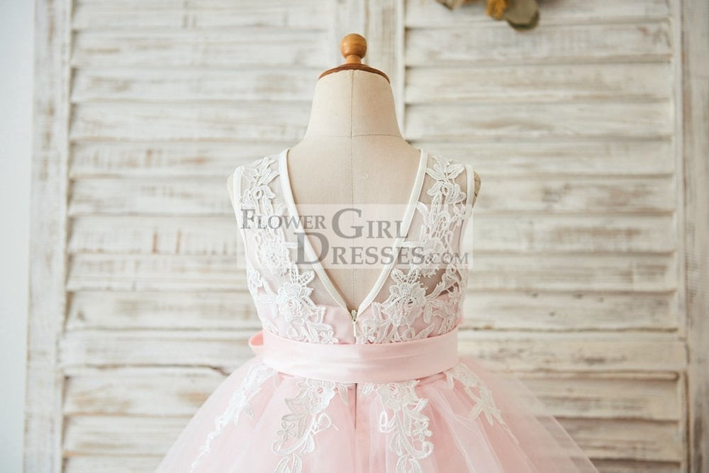 Ivory Lace Pink Tulle Wedding Flower Girl Dress with V Back