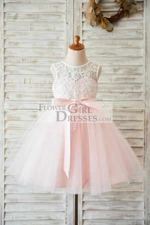 Ivory Lace Pink Tulle Wedding Flower Girl Dress with V Back