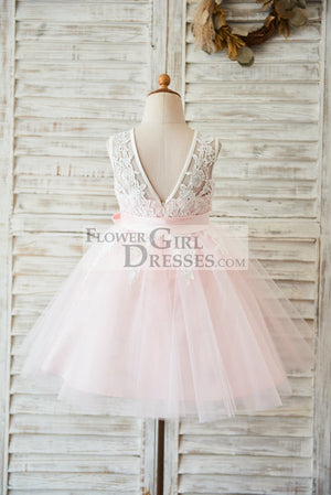 Ivory Lace Pink Tulle Wedding Flower Girl Dress with V Back