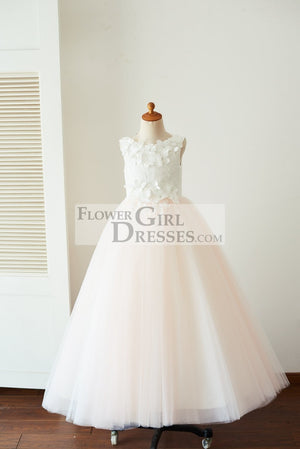 Ivory Lace Pink Tulle Wedding Party Flower Girl Dress with Butterfly Cape