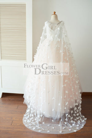 Ivory Lace Pink Tulle Wedding Party Flower Girl Dress with Butterfly Cape