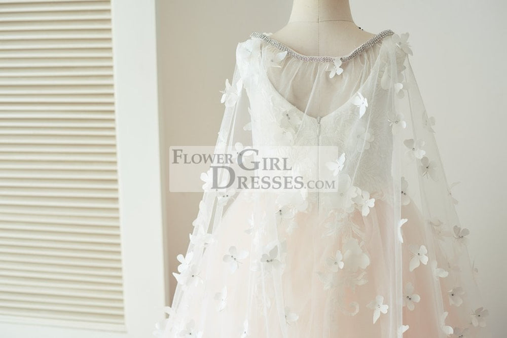 Ivory Lace Pink Tulle Wedding Party Flower Girl Dress with Butterfly Cape