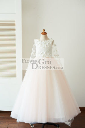 Ivory Lace Pink Tulle Wedding Party Flower Girl Dress with Butterfly Cape