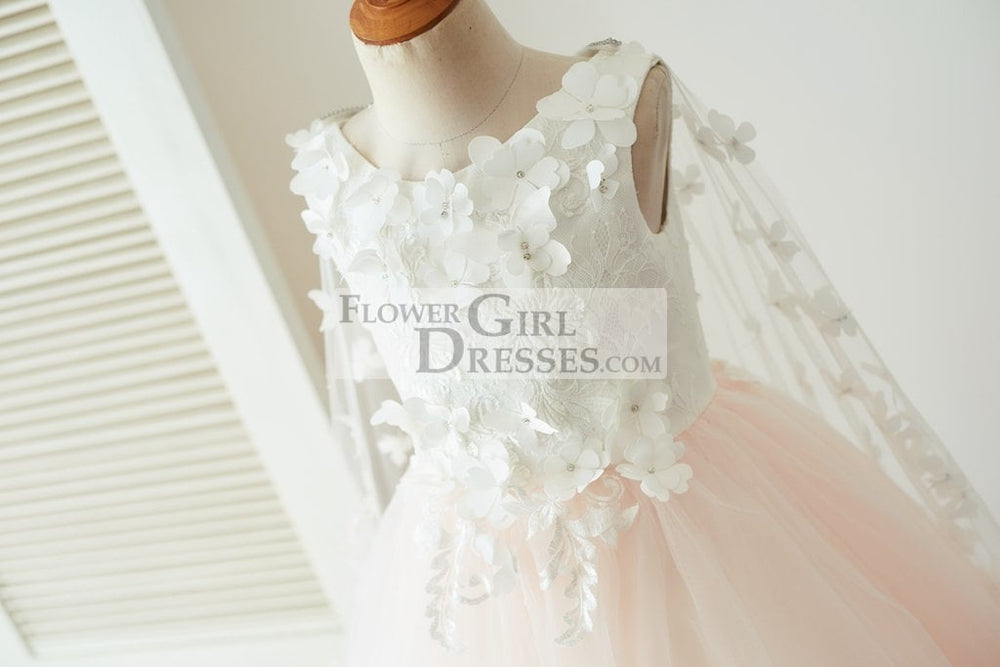 Ivory Lace Pink Tulle Wedding Party Flower Girl Dress with Butterfly Cape