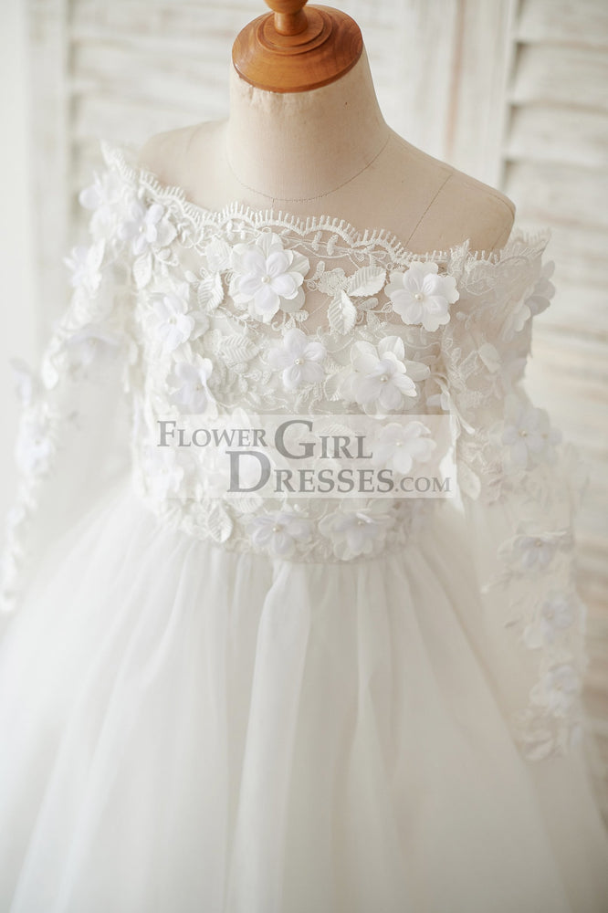 Ivory Lace Tulle Off Shoulder Long Sleeves Wedding Flower Girl Dress with 3D Flowers