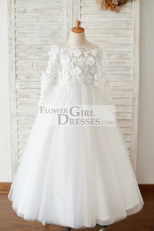 Ivory Lace Tulle Off Shoulder Long Sleeves Wedding Flower Girl Dress with 3D Flowers