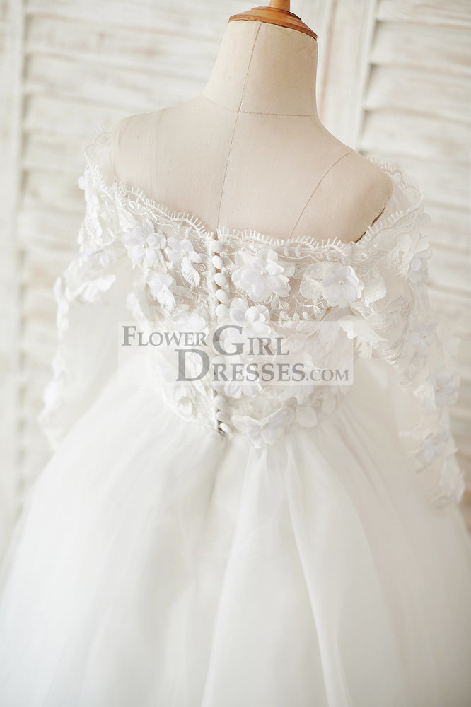 Ivory Lace Tulle Off Shoulder Long Sleeves Wedding Flower Girl Dress with 3D Flowers