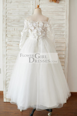 Ivory Lace Tulle Off Shoulder Long Sleeves Wedding Flower Girl Dress with 3D Flowers