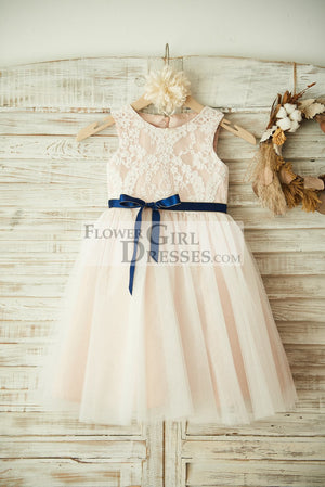 Ivory Lace Tulle Pink Lining Wedding Flower Girl Dress with Navy Blue Sash