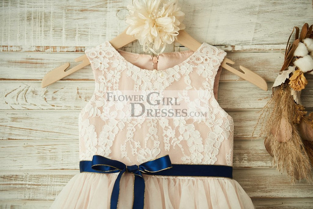 Ivory Lace Tulle Pink Lining Wedding Flower Girl Dress Navy Blue Sash Flower Girl Dresses