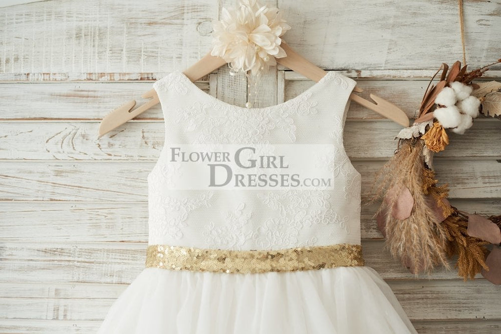 Ivory Lace Tulle V Back Wedding Flower Girl Dress with Gold Sequin Bow