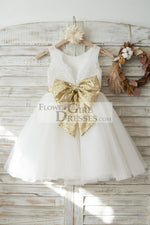 Ivory Lace Tulle V Back Wedding Flower Girl Dress with Gold Sequin Bow