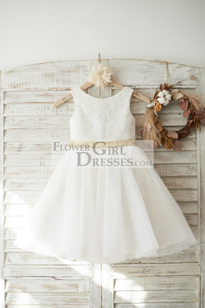 Ivory Lace Tulle V Back Wedding Flower Girl Dress with Gold Sequin Bow