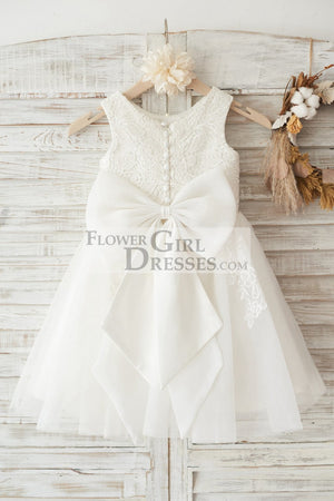 Ivory Lace Tulle Wedding Flower Girl Dress with Big Bow