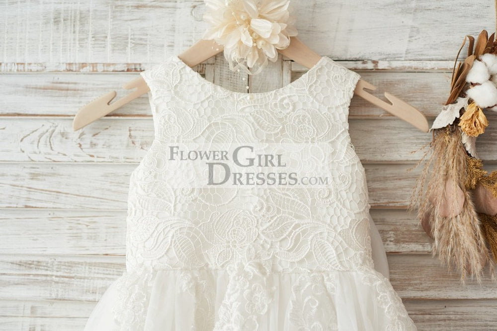 Ivory Lace Tulle Wedding Flower Girl Dress with Big Bow