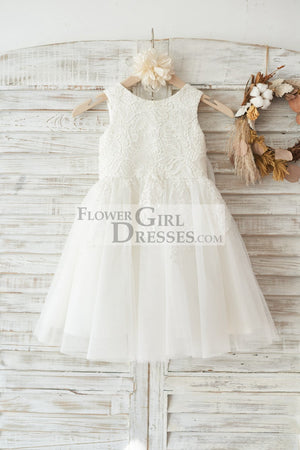 Ivory Lace Tulle Wedding Flower Girl Dress with Big Bow