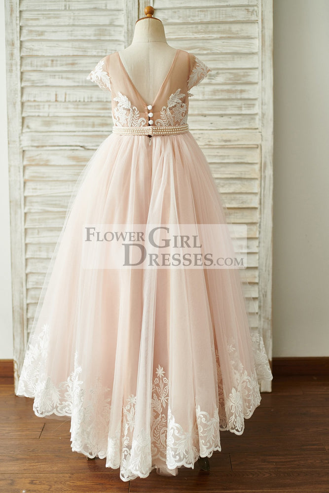 Lace Tulle V Back Cap Sleeves Floor Length Wedding Flower Girl Dress