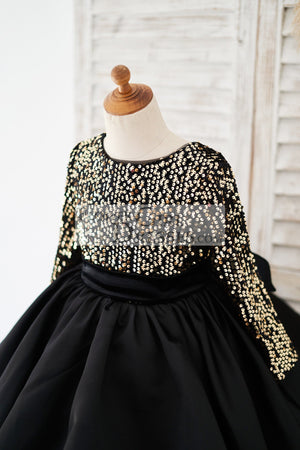 Long Sleeves Gold Sequin Black Satin V Back Wedding Flower Girl Dress Flower Girl Dresses