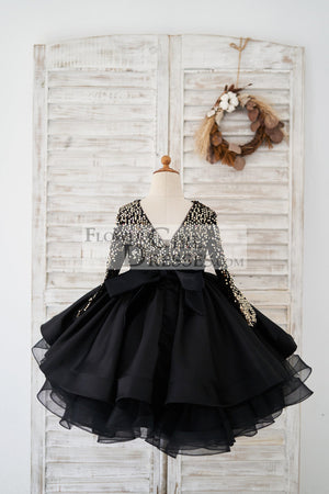 Long Sleeves Gold Sequin Black Satin V Back Wedding Flower Girl Dress Kids Party Dress