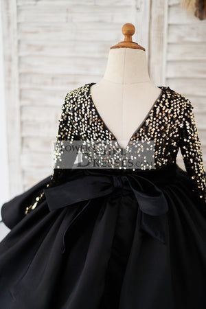 Long Sleeves Gold Sequin Black Satin V Back Wedding Flower Girl Dress Kids Party Dress